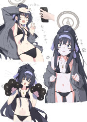 Rule 34 | 1girl, 1other, absurdres, animal hands, bikini, black bikini, black gloves, black hair, blue archive, blush, breasts, closed eyes, collarbone, gloves, grey jacket, halo, headband, highres, jacket, jewelry, kilabo, long hair, long sleeves, multiple views, navel, official alternate costume, open clothes, open jacket, open mouth, paw gloves, pendant, purple eyes, purple headband, simple background, small breasts, swimsuit, translation request, ui (blue archive), ui (swimsuit) (blue archive), white background