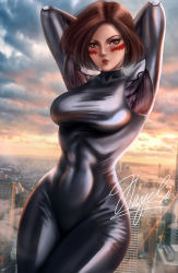 Rule 34 | 1girl, alita, armpits, arms up, backlighting, battle angel alita, black bodysuit, black hair, bodysuit, breasts, brown eyes, brown hair, cityscape, covered navel, curvy, cyberpunk, cyborg, dusk, facepaint, irina hayes, joints, lips, looking at viewer, mechanical arms, medium breasts, puckered lips, robot joints, short hair, signature, single mechanical arm, skin tight, solo, taut bodysuit, taut clothes, toned