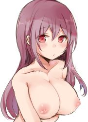 Rule 34 | 1girl, bad id, bad twitter id, blush, breasts, chiune (yachi), collarbone, large breasts, long hair, nipples, original, purple hair, red eyes, simple background, solo, topless, white background
