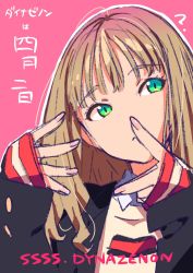 Rule 34 | 1girl, ?, brown hair, closed mouth, copyright name, green eyes, gridman universe, highres, long hair, minami yume, pink background, sakamoto masaru, school uniform, simple background, solo, ssss.dynazenon, ssss.gridman, upper body