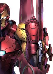 Rule 34 | 1boy, absurdres, arm cannon, armor, avengers: tech on, avengers (series), comic cover, cover, cover page, highres, iron man, looking at viewer, marvel, power armor, science fiction, shimoguchi tomohiro, solo, upper body, weapon, white background, white eyes