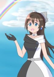 Rule 34 | 1girl, aqua eyes, artist name, artist request, back bow, bare shoulders, belt, black dress, black gloves, black skirt, blue eyes, blue sky, blush, bow, bow hairband, breasts, brooch, brown hair, buttons, choker, cloud, collarbone, day, diamond (gemstone), dress, drop earrings, earrings, evening gown, female focus, gloves, grey belt, grey bow, grey skirt, hair between eyes, hair bow, hairband, half updo, high ponytail, jewelry, lace, lace gloves, long hair, looking at viewer, love live!, love live! nijigasaki high school idol club, love live! school idol festival, miniskirt, multicolored clothes, multicolored dress, off-shoulder dress, off shoulder, osaka shizuku, outdoors, parted lips, plaid, plaid dress, plaid skirt, pleated, pleated dress, pleated skirt, ponytail, rainbow, skirt, sky, sleeveless, sleeveless dress, small breasts, smile, solitude rain (love live!), solo, two-tone dress, white bow, white choker, white dress, white skirt