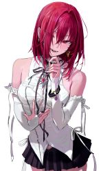 Rule 34 | 1girl, absurdres, bare shoulders, black skirt, blush, breasts, bridal gauntlets, cowboy shot, earrings, fangs, freng, hair between eyes, hair over one eye, highres, jewelry, looking at viewer, medium breasts, medium hair, original, red eyes, red hair, shirt, skirt, smile, solo, white background, white shirt