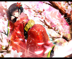 Rule 34 | 1girl, bad id, bad pixiv id, black hair, bug, butterfly, cherry blossoms, flower, hair ornament, highres, bug, japanese clothes, kimono, letterboxed, long hair, looking at viewer, looking back, lying, obi, on stomach, original, petals, red eyes, reio reio, sash, smile, solo, tree