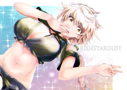 Rule 34 | 10s, 1girl, asymmetrical hair, bare shoulders, braid, breasts, cleavage cutout, clothing cutout, covered mouth, crop top, detached sleeves, dutch angle, hair between eyes, kantai collection, kojima (blue stardust), large breasts, long hair, looking at viewer, midriff, navel, open mouth, silver hair, single braid, solo, unryuu (kancolle), v, very long hair, yellow eyes