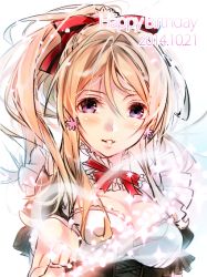 Rule 34 | 10s, 1girl, 2014, ayase eli, bad id, bad pixiv id, blonde hair, bow, dated, detached collar, earrings, flower earrings, frilled shirt collar, frills, hair bow, happy birthday, heart, jewelry, looking at viewer, love live!, love live! school idol festival, love live! school idol project, parted lips, ponytail, puuko (iberiko neko), sidelocks, solo, sparkle, upper body