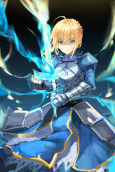 Rule 34 | absurdres, annnna, aqua eyes, armor, artoria pendragon (all), artoria pendragon (fate), blonde hair, breastplate, dress, excalibur (fate/stay night), fate/grand order, fate/stay night, fate (series), gauntlets, highres, holding, holding sword, holding weapon, looking at viewer, saber (fate), solo, sword, weapon
