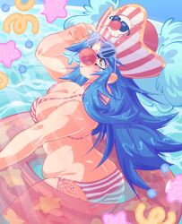 1girl ass bikini blue_hair blush breasts buggy_the_clown butt_crack cleavage flap_sticks genderswap genderswap_(mtf) highres huge_ass large_breasts long_hair one_piece solo striped_bikini striped_clothes swimsuit tagme thick_thighs thighs