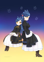 Rule 34 | 2girls, age comparison, animal ears, black dress, blue hair, blush, boots, braid, brown eyes, brown footwear, closed mouth, commentary request, dress, dual persona, flower, hair bun, hair flower, hair ornament, high heel boots, high heels, honzuki no gekokujou, jewelry, juliet sleeves, kemonomimi mode, long hair, long sleeves, myne (honzuki no gekokujou), multiple girls, aged up, pink flower, pink rose, pleated skirt, puffy sleeves, rabbit ears, rimo, ring, rose, single hair bun, sitting, skirt, sky, sleeves past wrists, smile, star (sky), starry sky, very long hair, white skirt, wide sleeves
