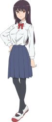 Rule 34 | 1girl, breasts, brown hair, full body, hand on own hip, hime cut, ijiranaide nagatoro-san, large breasts, long hair, looking at viewer, official art, red eyes, school uniform, simple background, skirt, solo, standing, sunomiya sana