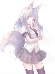 Rule 34 | 1girl, animal ears, bad id, bad pixiv id, blue eyes, buran (kure), cowboy shot, fang, fox ears, fox tail, highres, long hair, looking at viewer, necktie, open mouth, original, shirt, silver hair, simple background, skirt, solo, standing, tail, thighhighs