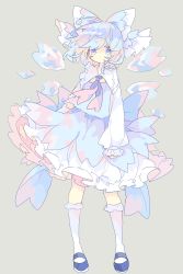Rule 34 | 1girl, alternate color, alternate wings, back bow, blue bow, blue eyes, blue footwear, blue hair, blue neckerchief, blue skirt, blue vest, blush, bobby socks, bow, cherry blossoms, cirno, commentary request, detached wings, full body, grey background, hair bow, highres, ice, ice wings, long sleeves, looking at viewer, multicolored hair, neckerchief, nikorashi-ka, petals, pink bow, pink hair, pink neckerchief, pink skirt, pink wings, shirt, shoes, short hair, simple background, skirt, socks, solo, touhou, two-tone hair, two-tone skirt, vest, white shirt, white socks, wind, wings