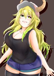 Rule 34 | 10s, 1girl, ash (shikkoku no tsubasa), blonde hair, breasts, cleavage, commentary request, curvy, dragon girl, dragon horns, green eyes, green hair, hat, heterochromia, highres, horns, kobayashi-san chi no maidragon, large breasts, long hair, looking at viewer, lucoa (maidragon), multicolored eyes, multicolored hair, open mouth, shorts, smile, solo, thick thighs, thighhighs, thighs, wide hips, yellow eyes