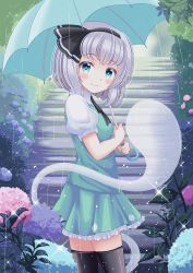 Rule 34 | 1girl, absurdres, black hairband, black thighhighs, bright pupils, closed mouth, cowboy shot, flower, from side, ghost, green eyes, green skirt, green umbrella, green vest, grey hair, hairband, highres, holding, holding umbrella, konpaku youmu, konpaku youmu (ghost), light particles, looking at viewer, outdoors, puffy short sleeves, puffy sleeves, rain, reimei (r758120518), shirt, short hair, short sleeves, skirt, smile, solo, stairs, standing, thighhighs, touhou, umbrella, vest, white pupils, white shirt