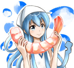 Rule 34 | 1girl, blue eyes, blue hair, dress, hat, highres, ikamusume, long hair, minamito, oversized object, shinryaku! ikamusume, shrimp, tentacle hair
