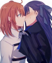 Rule 34 | 10s, 2girls, ahoge, aoki shizumi, blue ribbon, blush, chain, closed eyes, face-to-face, fate/extra, fate/extra ccc, fate/grand order, fate (series), fujimaru ritsuka (female), hair ribbon, imminent kiss, long hair, long sleeves, looking at another, meltryllis (fate), multiple girls, orange eyes, orange hair, purple hair, ribbon, sleeves past wrists, sweat, white background, yuri