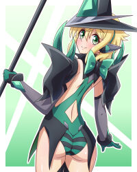 Rule 34 | 1girl, akatsuki kirika, ass, blonde hair, blush, elbow gloves, from behind, gloves, green eyes, highres, holding, holding staff, leotard, looking at viewer, looking back, magical girl, senki zesshou symphogear, short hair, simple background, smile, solo, staff, thighhighs, yosuzu