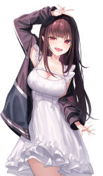 Rule 34 | 1girl, black hair, black jacket, blush, breasts, cleavage, collarbone, cowboy shot, dress, fingernails, gomzi vampire, highres, jacket, large breasts, long hair, long sleeves, melt (melt out1), open clothes, open jacket, open mouth, original, pointy ears, red eyes, simple background, smile, solo, vampire, white background, white dress