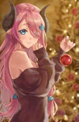 Rule 34 | 1girl, :d, bare shoulders, blue eyes, blurry, blurry background, braid, breasts, brown sleeves, christmas ornaments, christmas tree, commentary request, draph, eyelashes, eyes visible through hair, fingernails, forehead, granblue fantasy, hair ornament, hairclip, highres, holding, horns, huziko32, lips, long hair, long sleeves, looking at viewer, low twintails, narmaya (granblue fantasy), off-shoulder sweater, off shoulder, open mouth, parted bangs, pink hair, pointy ears, sideboob, smile, solo, sweater, twintails, upper body
