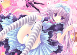 Rule 34 | 1girl, :d, alice (alice in wonderland), alice in wonderland, blush, bow, bow panties, card, clubs, cookie, cup, dress, floating card, food, frills, gothic lolita, hair bow, lolita fashion, long hair, open mouth, panties, pantyshot, pink hair, playing card, purple eyes, rabbit, ribbon, smile, solo, spade, striped clothes, striped thighhighs, stuffed animal, stuffed rabbit, stuffed toy, tea, teacup, thighhighs, tinker bell (pixiv 10956015), underwear, very long hair, white panties