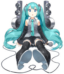 Rule 34 | 1girl, aqua eyes, aqua hair, boots, detached sleeves, full body, hatsune miku, highres, long hair, microphone, necktie, open mouth, sitting, skirt, solo, speaker, thigh boots, thighhighs, twintails, very long hair, vocaloid, white background, yasu