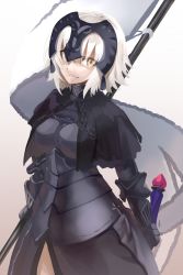 Rule 34 | &gt;:), 1girl, absurdres, armor, armored dress, black dress, breasts, capelet, chain, closed mouth, cowboy shot, dress, fate/grand order, fate (series), faulds, flag, gauntlets, headpiece, highres, holding, holding sword, holding weapon, jeanne d&#039;arc alter (avenger) (fate), jeanne d&#039;arc alter (fate), medium breasts, short hair, shunichi, silver hair, smile, solo, sword, v-shaped eyebrows, weapon, yellow eyes