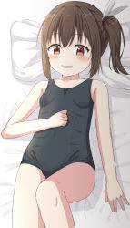 Rule 34 | 1girl, bare arms, bare shoulders, bed sheet, blush, breasts, brown eyes, brown hair, collarbone, commentary request, covered navel, feet out of frame, female focus, grin, hair ribbon, highres, knee up, looking at viewer, lying, old school swimsuit, on back, one-piece swimsuit, original, pillow, ribbon, school swimsuit, side ponytail, small breasts, smile, solo, swimsuit, takasuma hiro, white ribbon