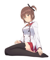 Rule 34 | 1girl, black thighhighs, breasts, brown hair, buttons, commentary request, double-breasted, etou kanami, full body, highres, long sleeves, looking at viewer, medium breasts, minoseki gakuin uniform, motsutoko, one side up, red skirt, seiza, short hair, simple background, sitting, skirt, solo, thighhighs, toji no miko, white background, yellow eyes, zettai ryouiki
