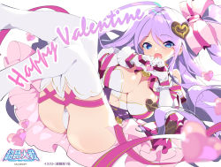 Rule 34 | 1girl, ahoge, alice soft, blue eyes, bow, breasts, candy, character request, chocolate, chocolate heart, cleavage, copyright name, elbow gloves, escalation heroines, fang, food, fujishima-sei ichi-gou, gloves, hair bow, heart, heart hands, large breasts, long hair, open mouth, panties, purple hair, thighs, underwear, valentine, white background, white gloves, white legwear, white panties