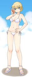 Rule 34 | 10s, 1girl, bikini, bikini day, blonde hair, blue eyes, braid, breasts, cleavage, closed mouth, cloud, cloudy sky, collarbone, commentary request, cup, darjeeling (girls und panzer), day, drinking straw, full body, girls und panzer, hand on own hip, head tilt, holding, looking at viewer, medium breasts, navel, outdoors, sandals, shadow, short hair, side-tie bikini bottom, sky, smile, solo, standing, swimsuit, thighs, twin braids, uona telepin, white bikini, white footwear