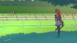 Rule 34 | 1girl, 6+boys, animal ears, artist name, asymmetrical footwear, black pantyhose, bridle, brown footwear, commentary request, ear covers, hair ornament, hairband, hairclip, highres, horse, horse ears, horse girl, horse racing track, horse tail, jockey, juliet sleeves, kuro oolong, loafers, long hair, long sleeves, mismatched footwear, multiple boys, on grass, orange hair, outdoors, own hands clasped, own hands together, pantyhose, pleated skirt, puffy sleeves, shirt, shoes, silence suzuka (umamusume), skirt, tail, tokyo racecourse, tree, umamusume, white footwear, white hairband, white shirt, white skirt