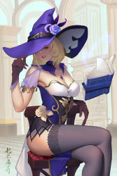 Rule 34 | 1girl, absurdres, bare shoulders, black gloves, black thighhighs, blonde hair, book, bookshelf, breasts, capelet, chair, cleavage, commentary request, crossed legs, dress, floating, floating book, floating object, flower, genshin impact, gloves, green eyes, hat, hat belt, hat flower, hat over one eye, highres, indoors, jewelry, large breasts, library, lisa (genshin impact), multicolored clothes, multicolored dress, necklace, open book, parted lips, purple capelet, purple flower, purple hat, thighhighs, thighs, witch, witch hat, xiumu bianzhou
