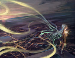 Rule 34 | 10s, 1girl, angel beats!, cityscape, from above, grey hair, highres, legs, monono, red eyes, river, scenery, school uniform, solo, tenshi (angel beats!)