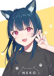 Rule 34 | 1girl, alternate hairstyle, animal ears, aqua nails, artist name, artist request, black shirt, blue hair, blush, breasts, cat ears, claw pose, collarbone, female focus, long hair, looking at viewer, love live!, love live! sunshine!!, nail polish, parted lips, paw print, pink eyes, purple eyes, shirt, smile, solo, tsushima yoshiko, upper body, white background, yellow background