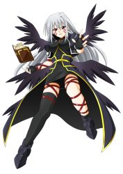 Rule 34 | 1girl, angry, black wings, book, boots, facial mark, fingerless gloves, gloves, highres, jacket, long hair, lyrical nanoha, mahou shoujo lyrical nanoha, mahou shoujo lyrical nanoha a&#039;s, multiple wings, red eyes, reinforce, silver hair, single hair intake, single thighhigh, skirt, solo, thigh strap, thighhighs, tome of the night sky, tsunaso (lack of sunlight), wings
