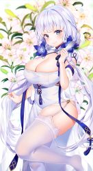 Rule 34 | 1girl, azur lane, blue eyes, blue flower, blush, breasts, china dress, chinese clothes, cleavage, closed mouth, dress, floral background, flower, garter straps, gloves, gluteal fold, hair ornament, highres, huge breasts, illustrious (azur lane), illustrious (maiden lily&#039;s radiance) (azur lane), long hair, looking at viewer, mole, mole under eye, reel (riru), smile, solo, thighhighs, thighs, white dress, white flower, white hair, white thighhighs