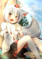Rule 34 | 1girl, ahoge, animal ears, bare shoulders, blush, detached sleeves, fang, food, hat, highres, inubashiri momiji, looking at viewer, nature, open mouth, pom pom (clothes), red eyes, ribbon-trimmed sleeves, ribbon trim, short hair, silver hair, solo, sweet potato, tail, tokin hat, tosura-ayato, touhou, tree, wolf ears, wolf tail