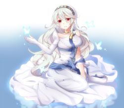 Rule 34 | 1girl, ary fehdqx, bug, butterfly, corrin (female) (fire emblem), corrin (fire emblem), dress, elbow gloves, fire emblem, fire emblem fates, fire emblem heroes, gloves, insect, long hair, nintendo, parted lips, pointy ears, red eyes, sitting, solo, veil, white dress, white gloves, white hair