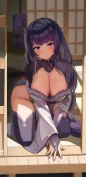 Rule 34 | 1girl, absurdres, blush, braid, breasts, bridal gauntlets, cleavage, closed mouth, dappled sunlight, genshin impact, highres, indoors, iv (iv70311741), japanese clothes, jewelry, kimono, large breasts, long hair, looking at viewer, low-braided long hair, low-tied long hair, mole, mole under eye, nail polish, purple eyes, purple hair, purple kimono, purple nails, raiden shogun, ring, shrug (clothing), sidelocks, single braid, solo, sunlight, sweat, thighhighs, thighs, wavy mouth