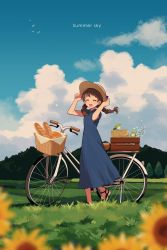 Rule 34 | 1girl, arisa (aren), artist name, baguette, bicycle, bicycle basket, bird, blue dress, braid, bread, brown hair, closed eyes, cloud, day, dress, english text, flower, food, full body, hand on headwear, hands up, hat, highres, open mouth, original, outdoors, sandals, short sleeves, smile, solo, straw hat, sunflower, tree, twin braids, twintails