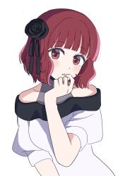 Rule 34 | 1girl, absurdres, arima kana, black flower, black rose, bob cut, chouchou aile, dress, finger to mouth, flower, hair flower, hair ornament, highres, inverted bob, looking at viewer, oshi no ko, red eyes, red hair, rose, short hair, simple background, solo, upper body, white background, white dress