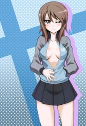 Rule 34 | 10s, 1girl, ;), bad id, bad pixiv id, black skirt, blush, breasts, brown eyes, brown hair, cleavage, girls und panzer, hand in pocket, jacket, looking at viewer, mika (girls und panzer), neo niito (neoneet v7), no bra, one eye closed, open clothes, partially unzipped, polka dot, polka dot background, skirt, smile, solo, standing, track jacket, wink