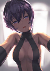 Rule 34 | 1girl, announ (kurotya), backlighting, bare shoulders, black gloves, black hairband, black leotard, breasts, center opening, collarbone, commentary request, dark-skinned female, dark skin, fate/prototype, fate/prototype: fragments of blue and silver, fate (series), gloves, hairband, hassan of serenity (fate), highres, leotard, looking at viewer, medium breasts, navel, open mouth, purple eyes, purple hair, short hair, sidelocks, smile, solo