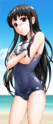 Rule 34 | 1girl, beach, black hair, blush, brown eyes, covered navel, crossed arms, female focus, henshako, highres, houraisan kaguya, long hair, looking at viewer, one-piece swimsuit, school swimsuit, shiny clothes, skindentation, solo, sweatdrop, swimsuit, touhou, wet, wet clothes