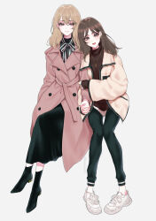 Rule 34 | 2girls, arm grab, arm hug, black footwear, black pants, black shirt, blonde hair, brown eyes, brown hair, brown jacket, brown sweater, closed mouth, coat, commentary request, earrings, full body, hair between eyes, interlocked fingers, jacket, jewelry, kanno fumi (kannno23), long hair, multiple girls, nail polish, neck ribbon, necklace, open clothes, open jacket, open mouth, original, pants, pink coat, red nails, ribbon, shirt, simple background, smile, sweater, turtleneck, turtleneck sweater, white background, white footwear, yuri