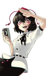Rule 34 | 1girl, :d, absurdres, arm up, black hair, black skirt, bright pupils, camera, collared shirt, commentary, hat, highres, holding, holding camera, looking at viewer, neo lyte, open mouth, red eyes, red hat, shameimaru aya, shirt, short sleeves, simple background, skirt, smile, solo, tokin hat, touhou, white background, white pupils, white shirt