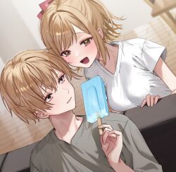 Rule 34 | 1boy, 1girl, absurdres, blush, bow, breasts, brother and sister, brown eyes, brown hair, chigusa minori, commentary request, couch, food, grey shirt, hair bow, highres, holding, holding food, holding popsicle, indoors, jitsuha imouto deshita., looking at another, medium breasts, official art, open mouth, parted lips, popsicle, red bow, shirt, short hair, short sleeves, siblings, sidelocks, teeth, ueda hinata, ueda kousei, upper body, white shirt