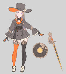 Rule 34 | 1girl, asymmetrical legwear, black gloves, black hat, black thighhighs, brown hair, buttons, closed mouth, contrapposto, double-breasted, dress, enkyo yuuichirou, gloves, grey background, grey dress, hat, high heels, highres, long hair, looking at viewer, mismatched legwear, multicolored clothes, multicolored gloves, orange gloves, orange thighhighs, original, purple eyes, rapier, sash, shield, simple background, smile, solo, sword, thighhighs, top hat, two-sided fabric, two-sided headwear, weapon