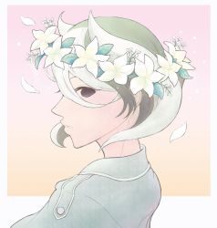 Rule 34 | 1girl, black eyes, black hair, flower, from side, hair between eyes, head wreath, highres, jacket, looking at viewer, looking to the side, made in abyss, miya (miyabio), multicolored hair, ozen, parted lips, pink background, simple background, solo, two-tone hair, white hair