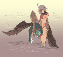 Rule 34 | 1girl, absurdres, ahoge, belly, bird legs, blood, breasts, brown feathers, brown wings, commentary request, feathered wings, feathers, fish, fishing, forehead jewel, harpy, highres, hinekure-boy, holding with feet, licking lips, monster girl, navel, neck fur, no nipples, nude, original, partially submerged, pointy ears, short hair, small breasts, solo, standing, standing on one leg, tongue, tongue out, white hair, winged arms, wings